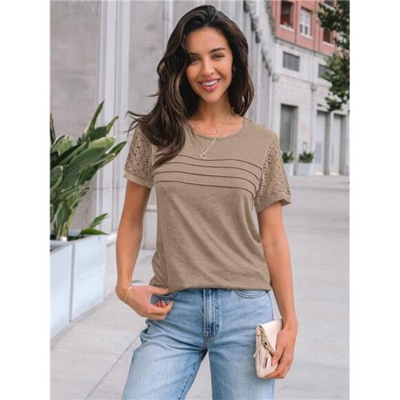 Women's Short Sleeve Shirts Dressy Lace Summer Tops 2025 Spring Trendy - Picture 2 of 6